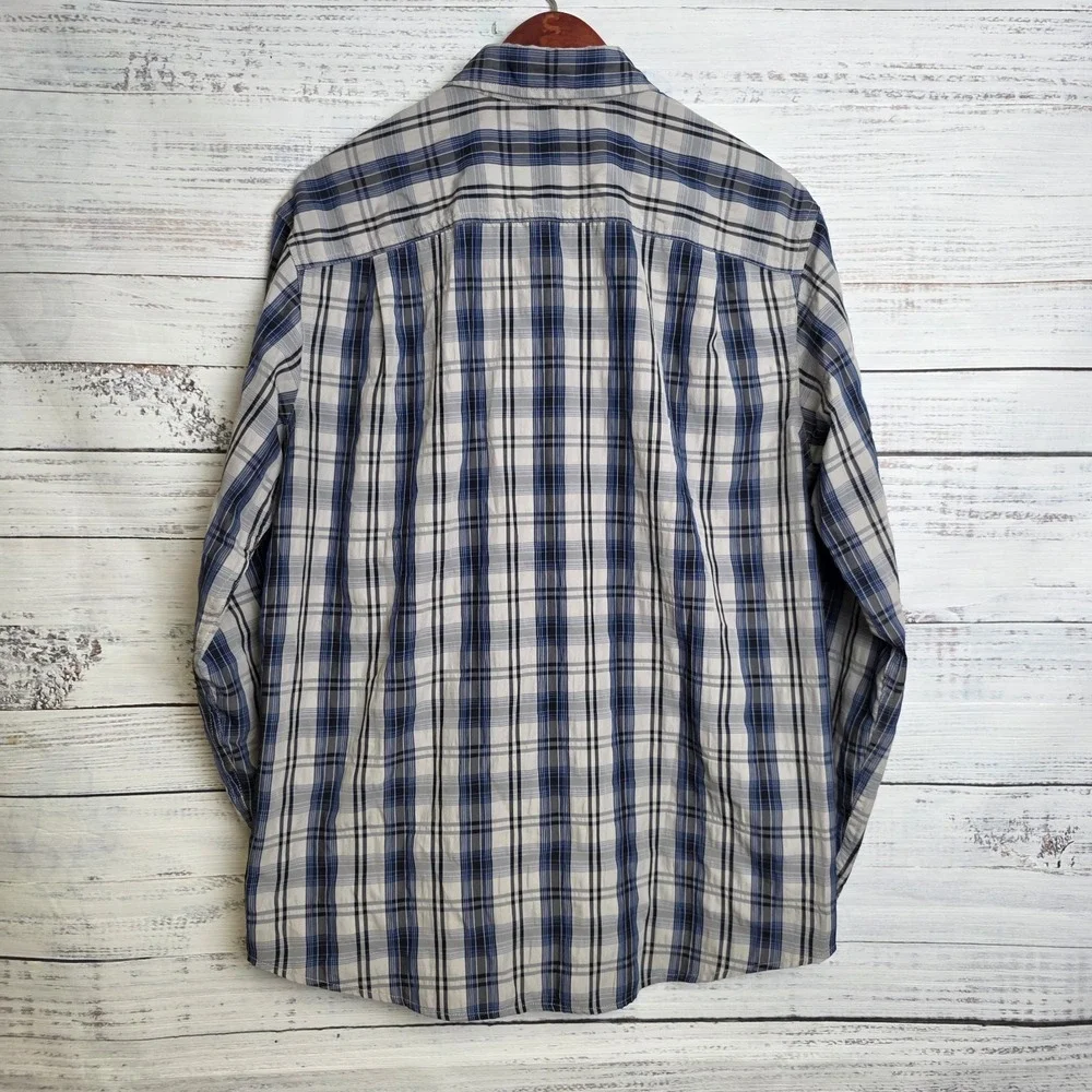 Eddie Bauer Travex Shirt Mens Medium Blue Plaid Long Sleeve Button Up Seersucker